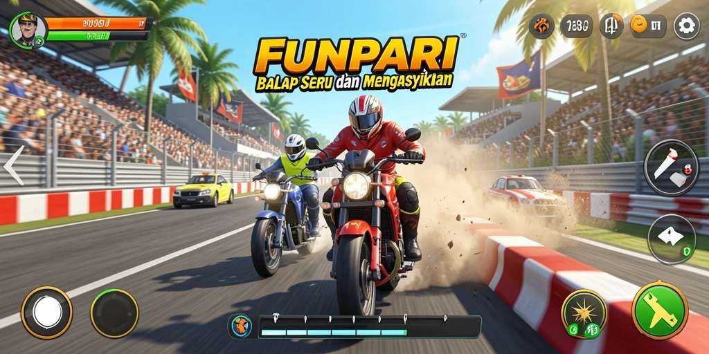 Tampilan gameplay menegangkan di <strong>FUNPARI</strong> dengan mobil yang melaju cepat.