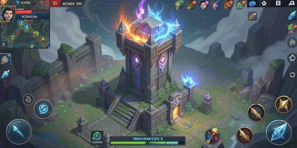 Screenshot gameplay KOIN99 menampilkan menara yang siap bertahan dari serangan musuh.