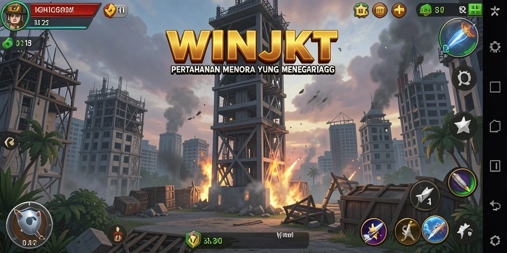 Screenshot WINJKT menampilkan aksi menara pertahanan yang intens.
